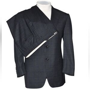 Canali Super 150’s Charcoal Blue Windowpane Surgeon Cuff Wool Suit 42R 36x 27" +